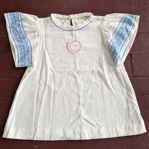 NWT Umgee Embroidered Short Sleeve Ruffle 100% Cotton White Blue Women's Blouse